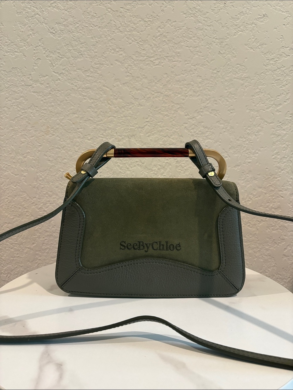 See By Chloe Olive Green Suede & Leather Shoulder Bag with Tortoiseshell Handle